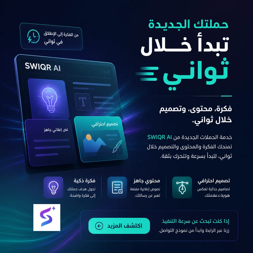 تصميم 3 من حملة خدمة الحملات الجديدة من SWIQR AI تمنحك الفكرة والمحتوى والتصميم خلال ثواني، لتبدأ بسرعة وتتحرك 